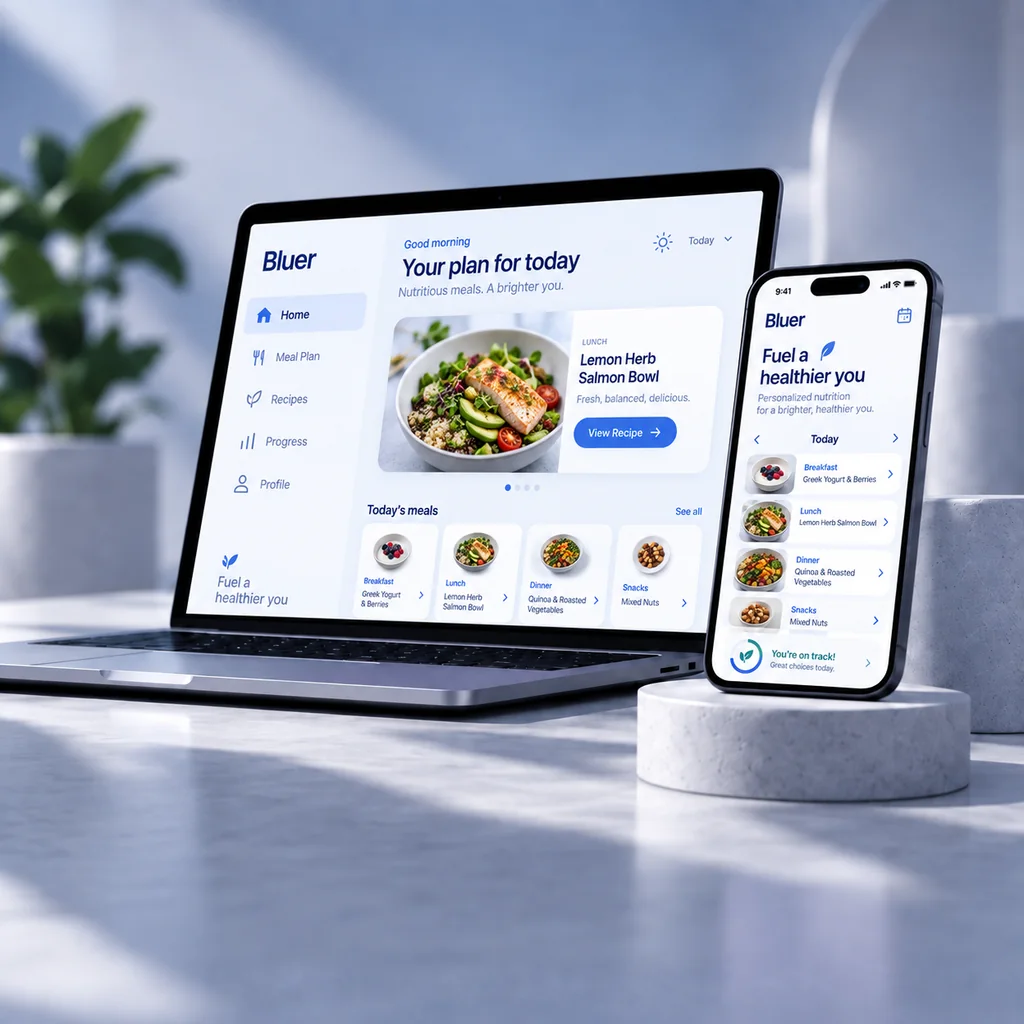 Bluer app concept showing a personalized nutrition planning experience on a smartphone