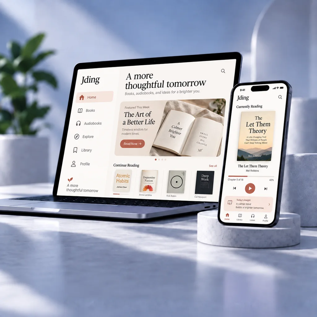 Jding app concept showing a focused digital reading experience on a tablet